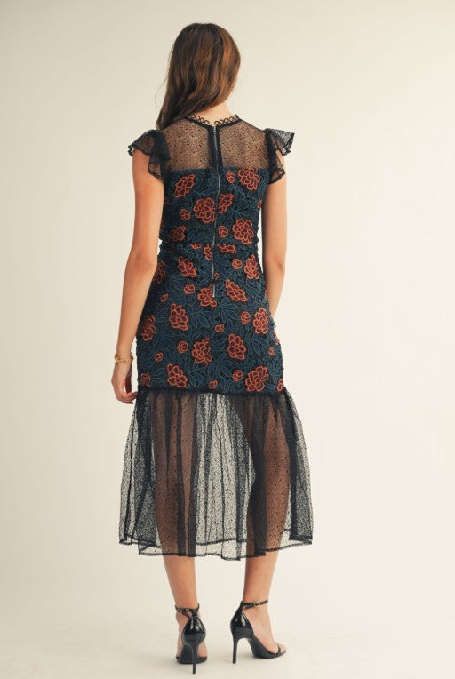 Floral Crochet Ruffle Bottom Midi Dress