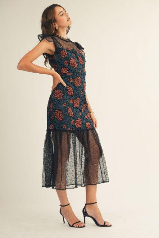 Floral Crochet Ruffle Bottom Midi Dress