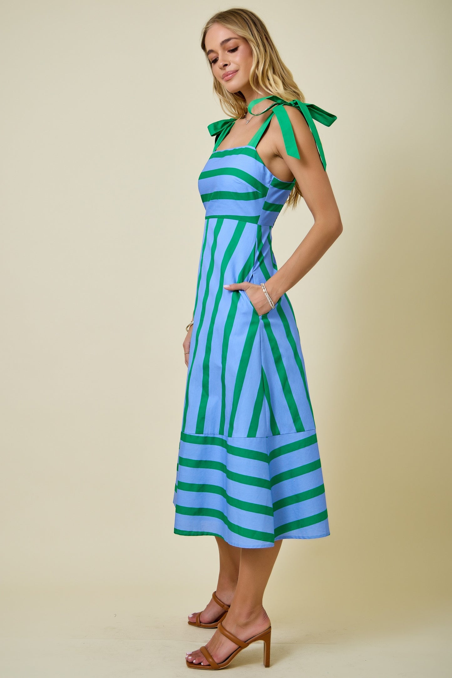 Striped Midi Dress with Shoulder Ties