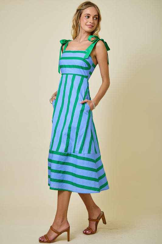 Striped Midi Dress with Shoulder Ties
