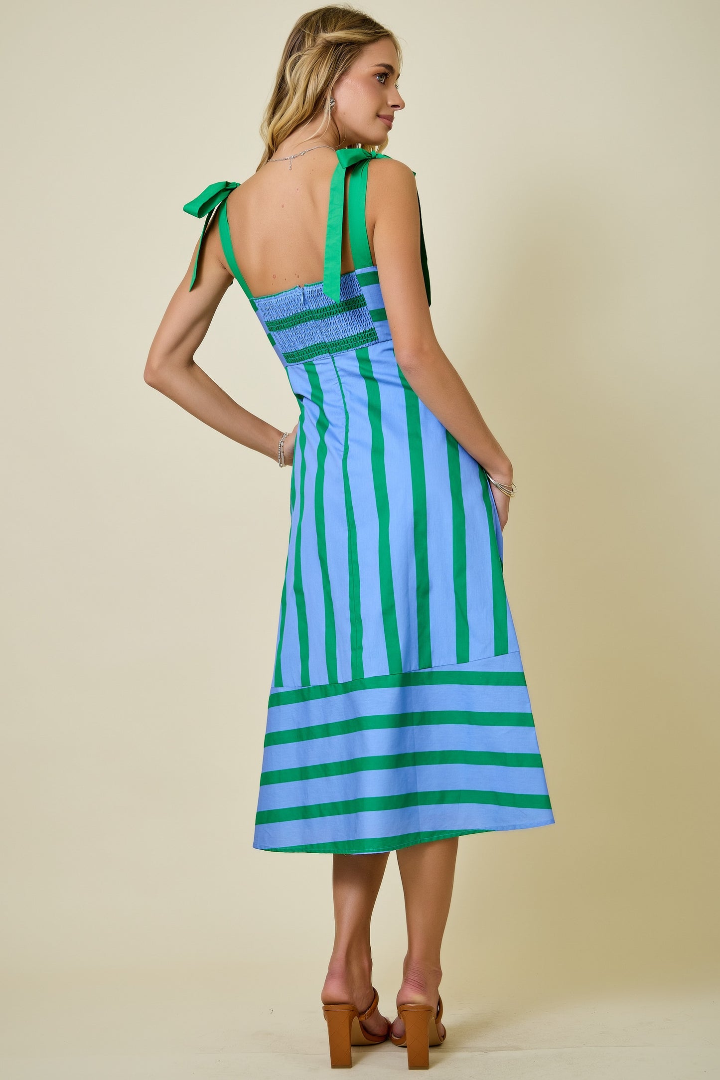 Striped Midi Dress with Shoulder Ties