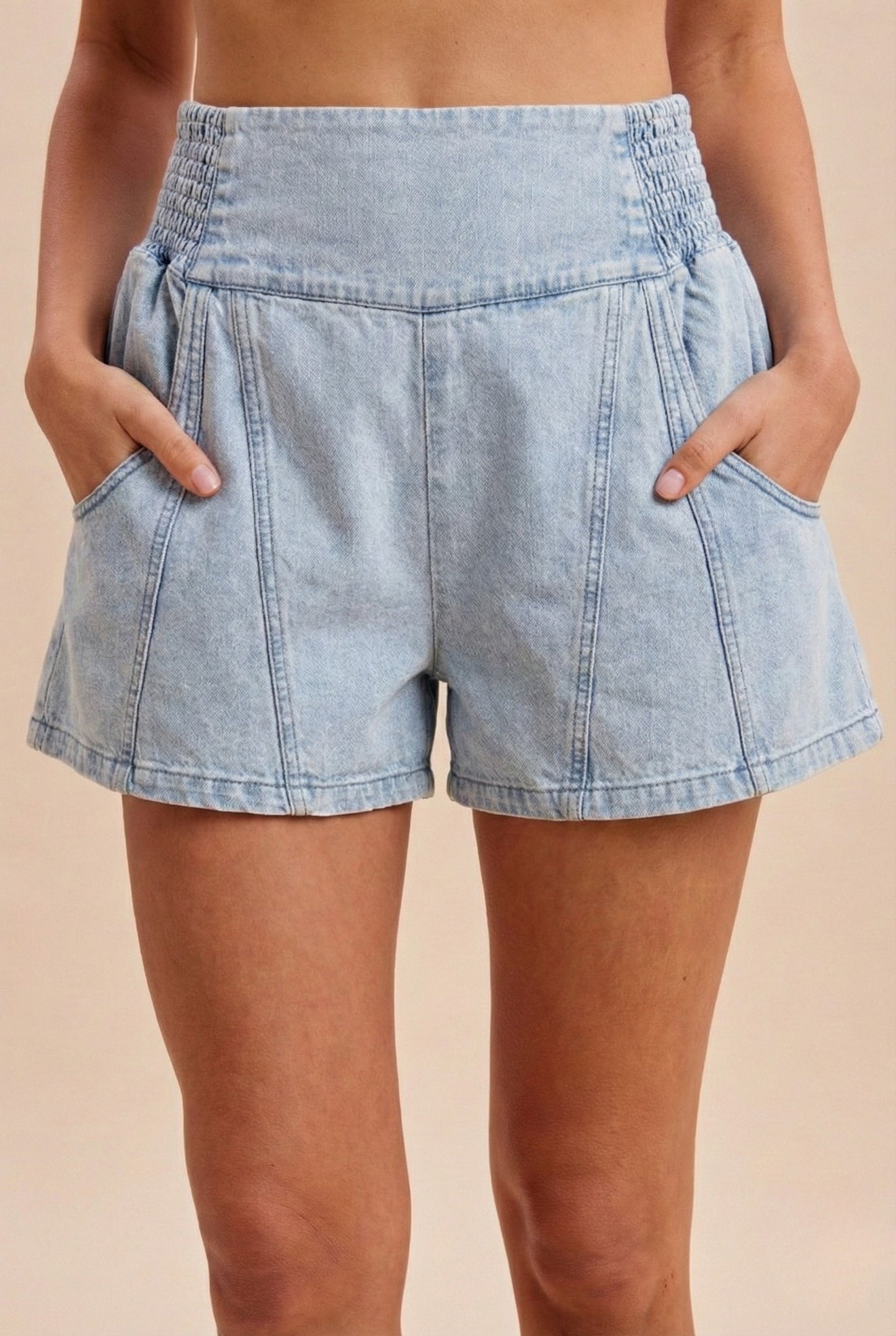 Denim Smocked Yoke Shorts