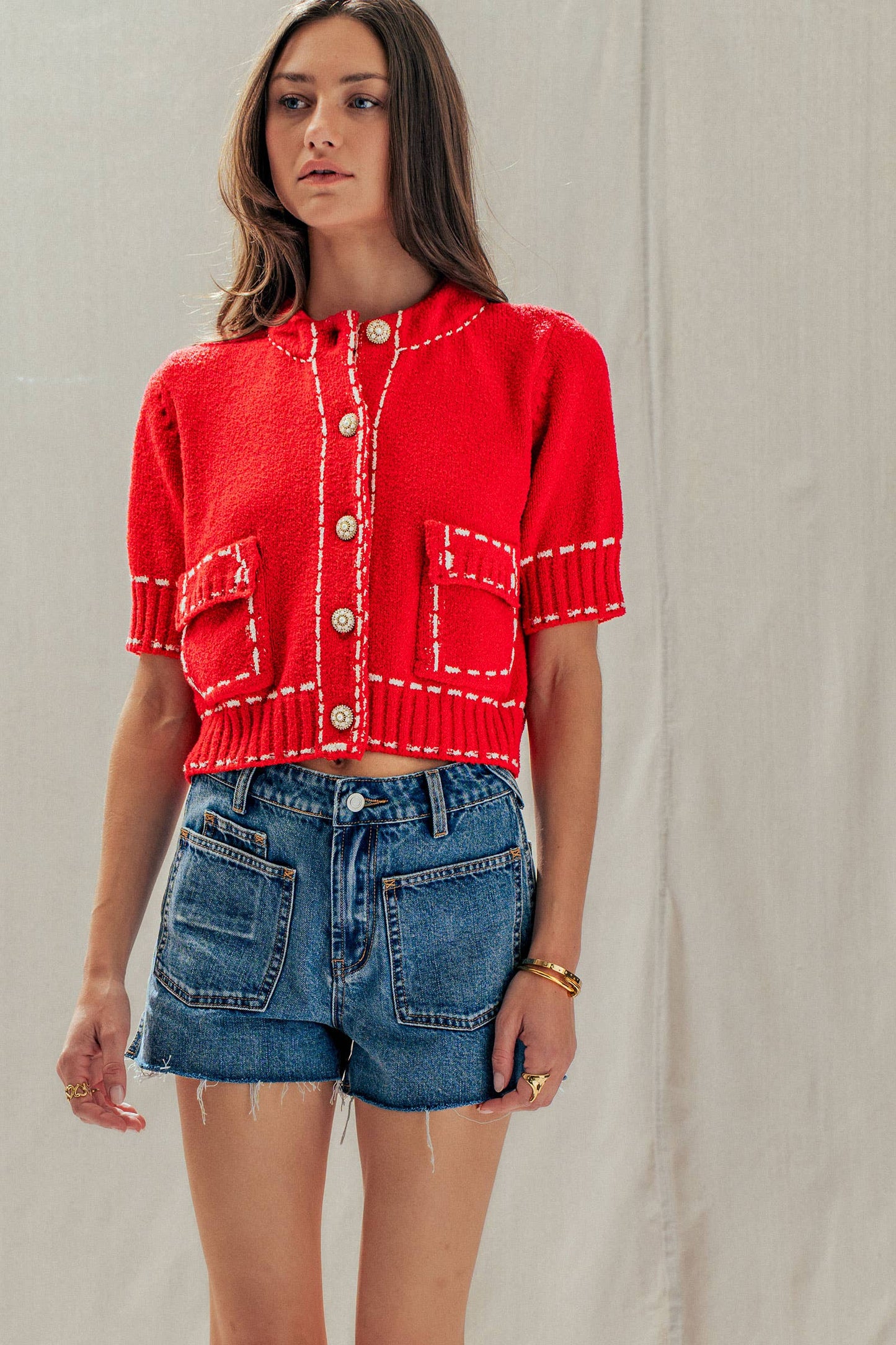 Faux Stitch Look Short Sleeve Cardigan