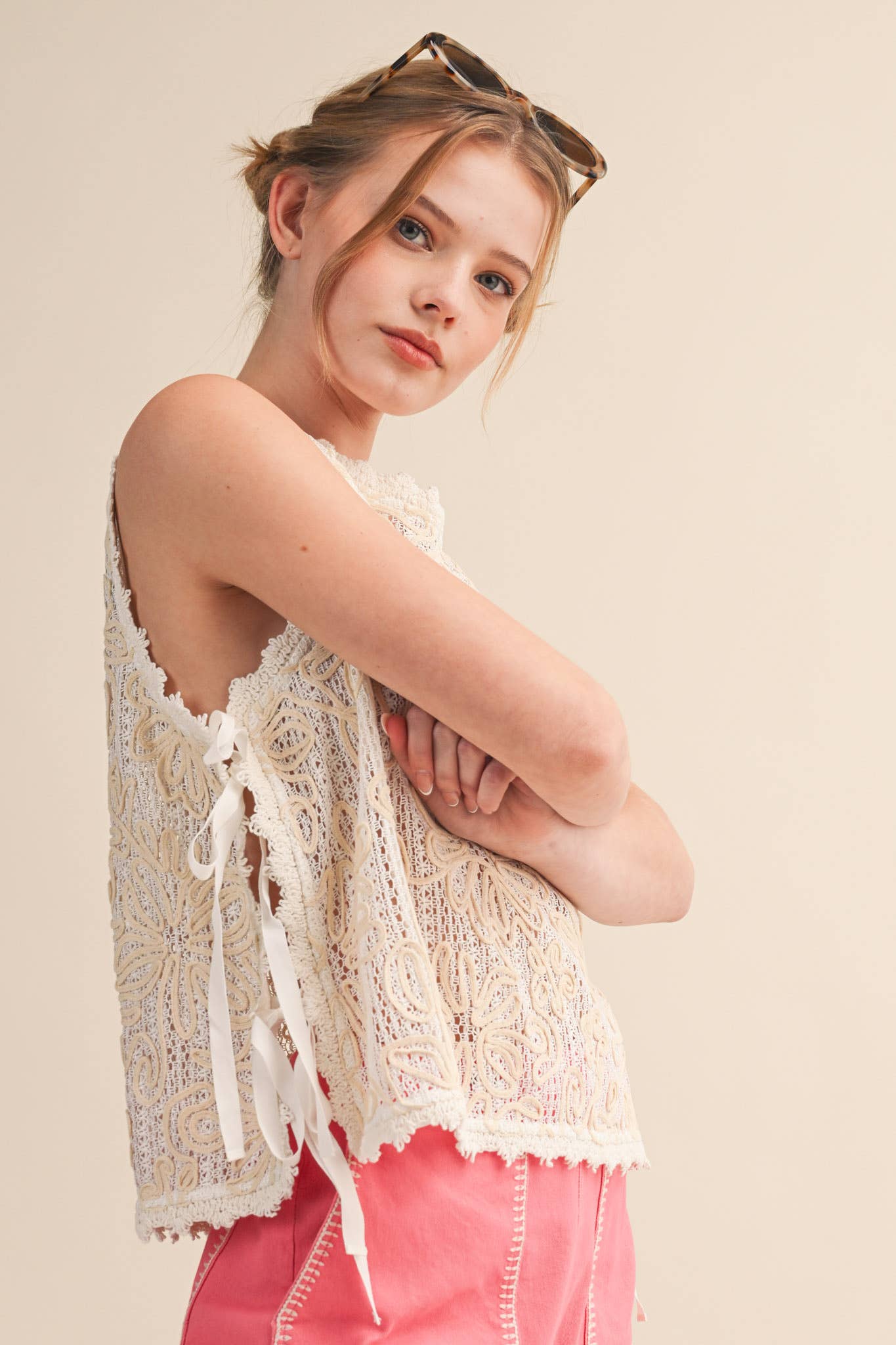 Floral Crochet Tank w/Side Tie Detail