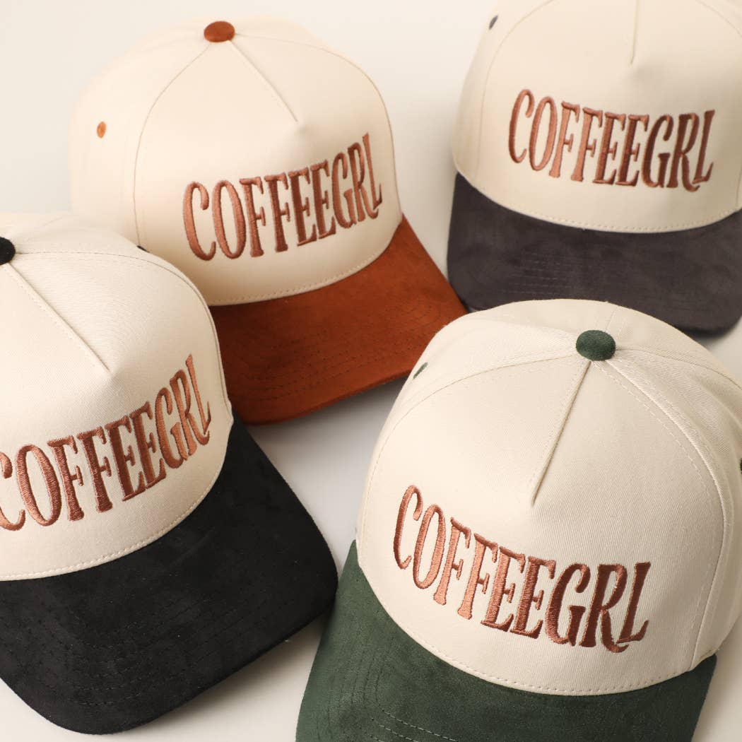COFFEE GRL Embroidered Two-Tone Suede Brim Trucker Hat