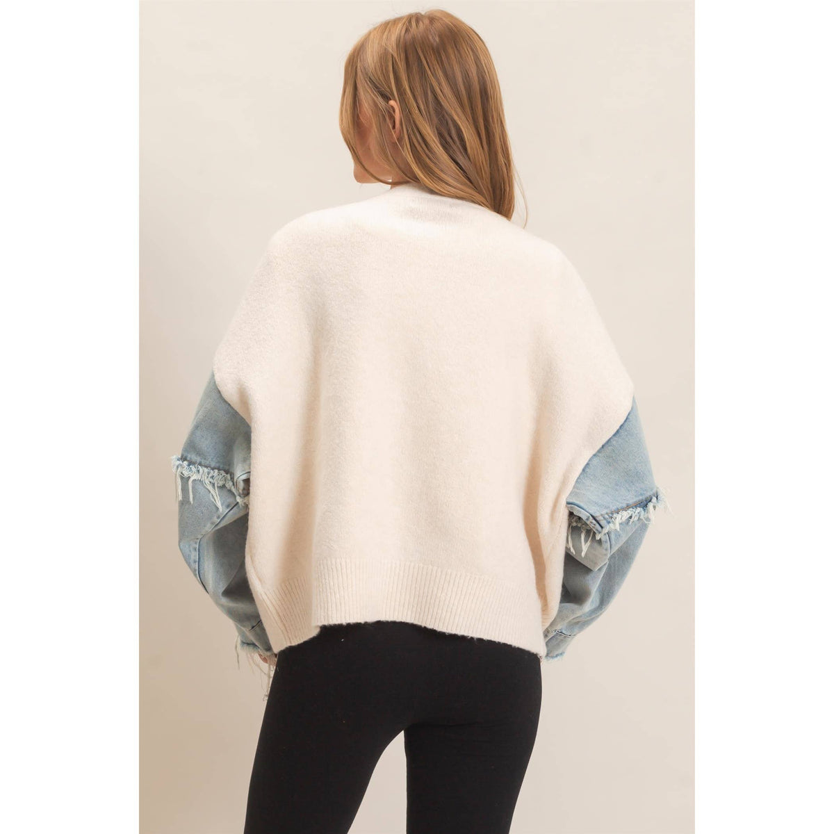 V-Neck Cardigan With Distressed Denim Sleeves