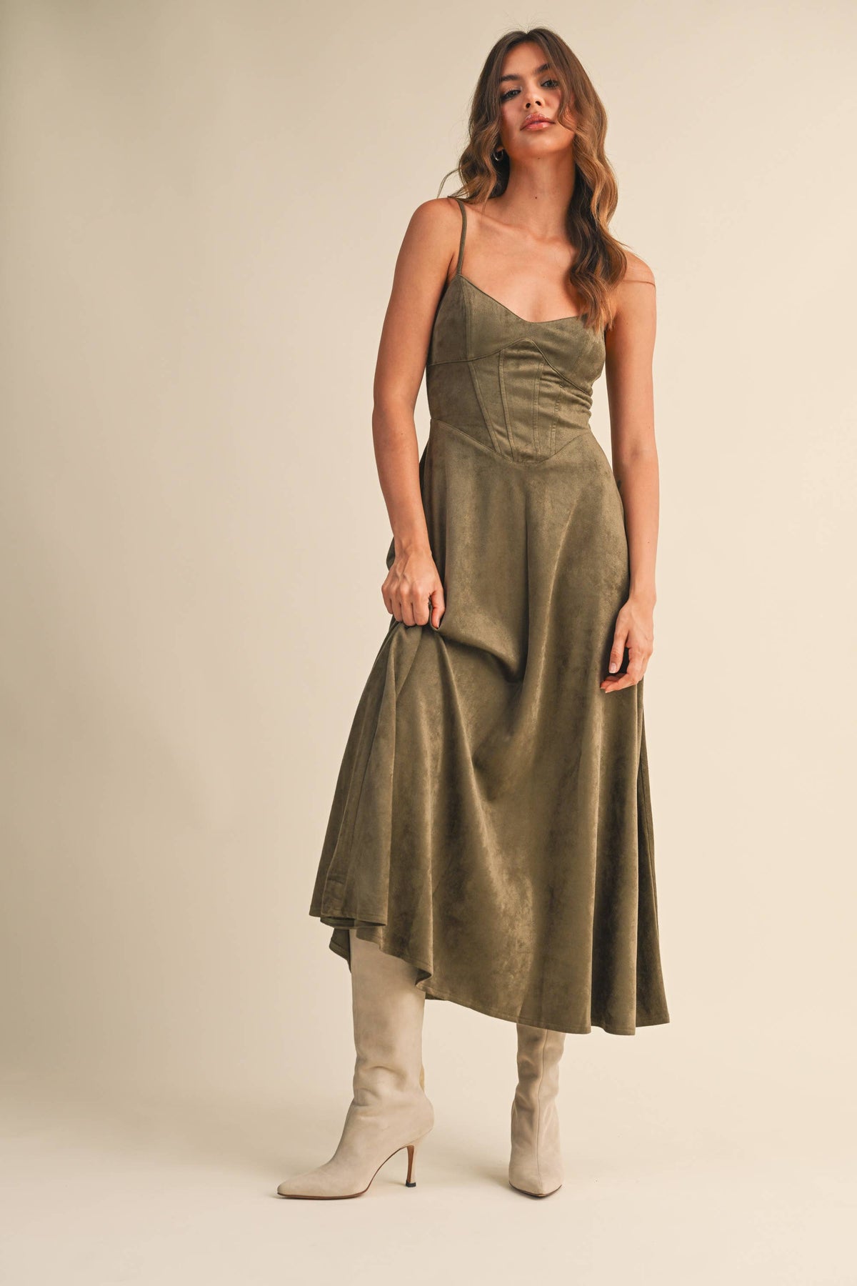 Suede Corset Flared Midi Dress