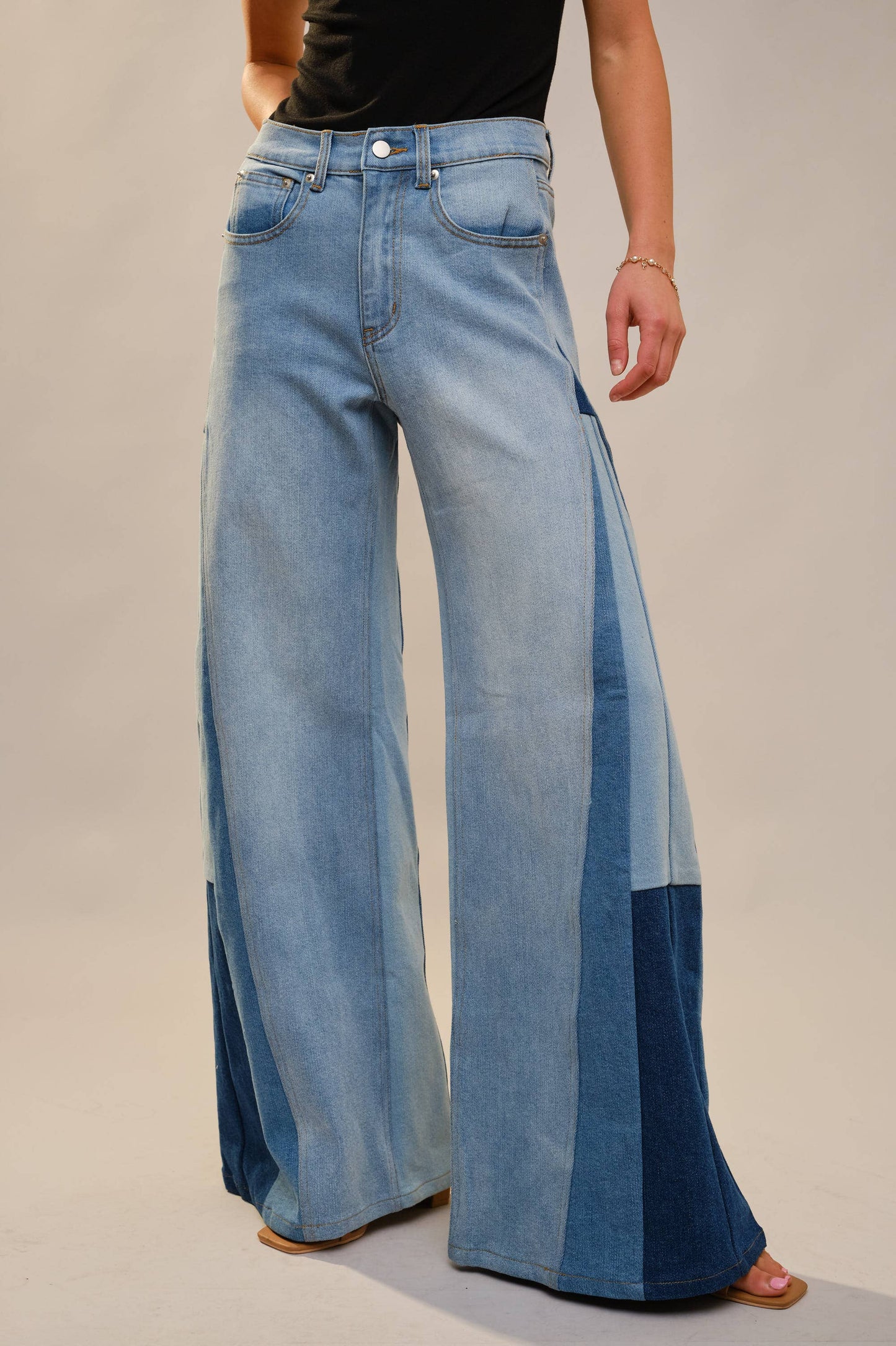 High Rise Wide Leg Color Block Jeans