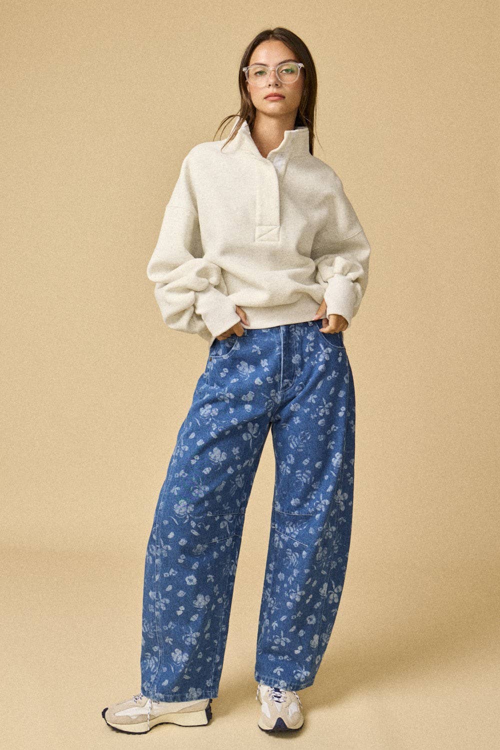 High Collar Half Button-Up Relaxed Fit Pullover
