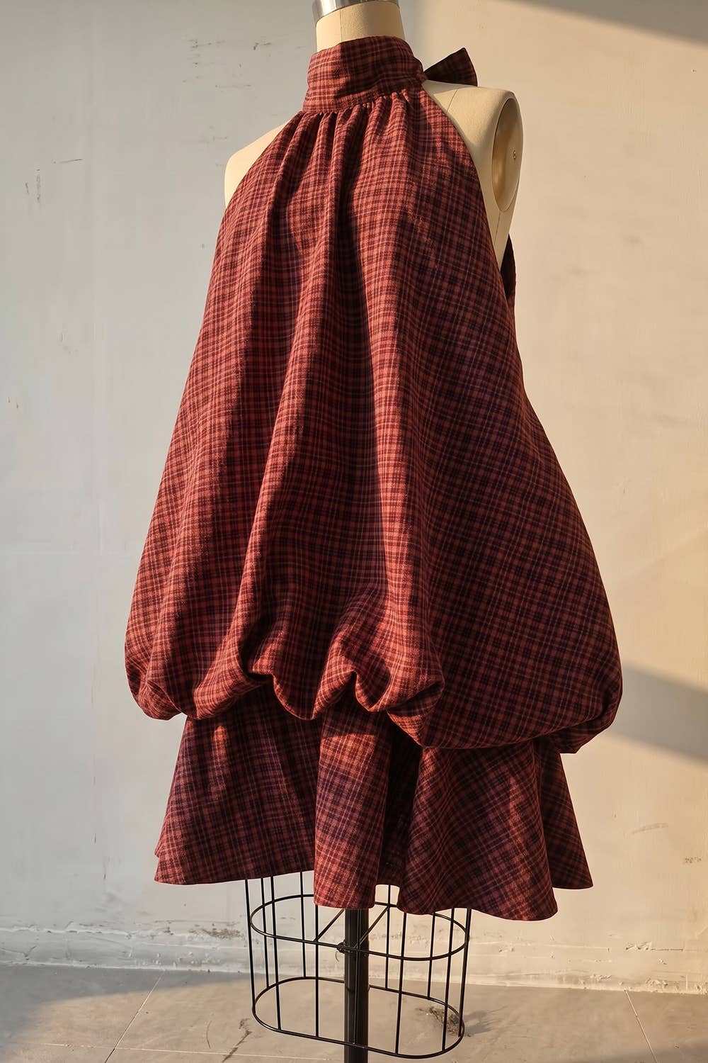 Plaid Halter Neck Bow Bubble Mini Dress