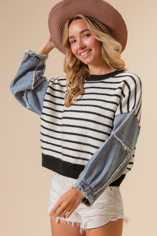 Denim Sleeve Striped Sweater