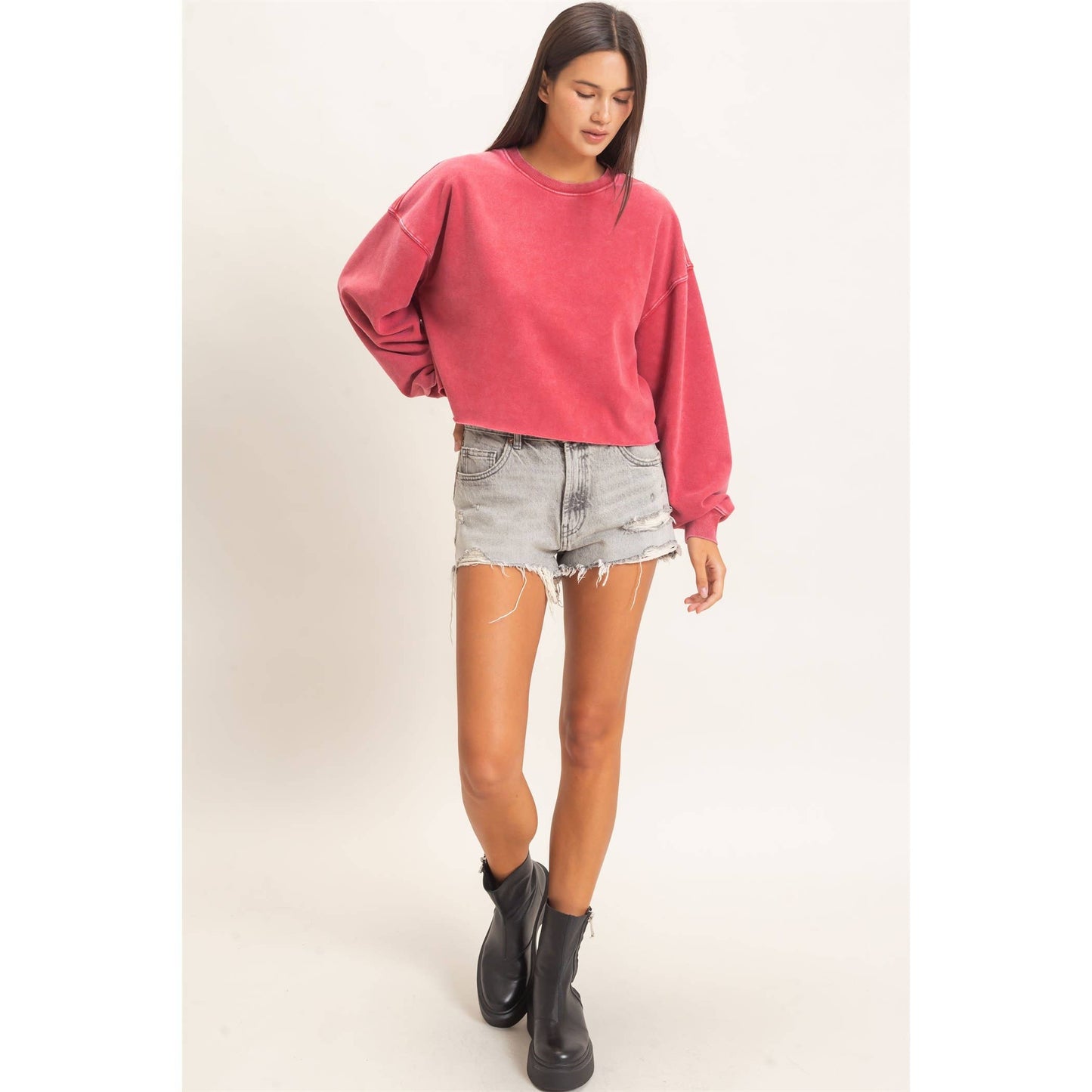 Mineral Wash Raw Hem Cropped Sweatshirt