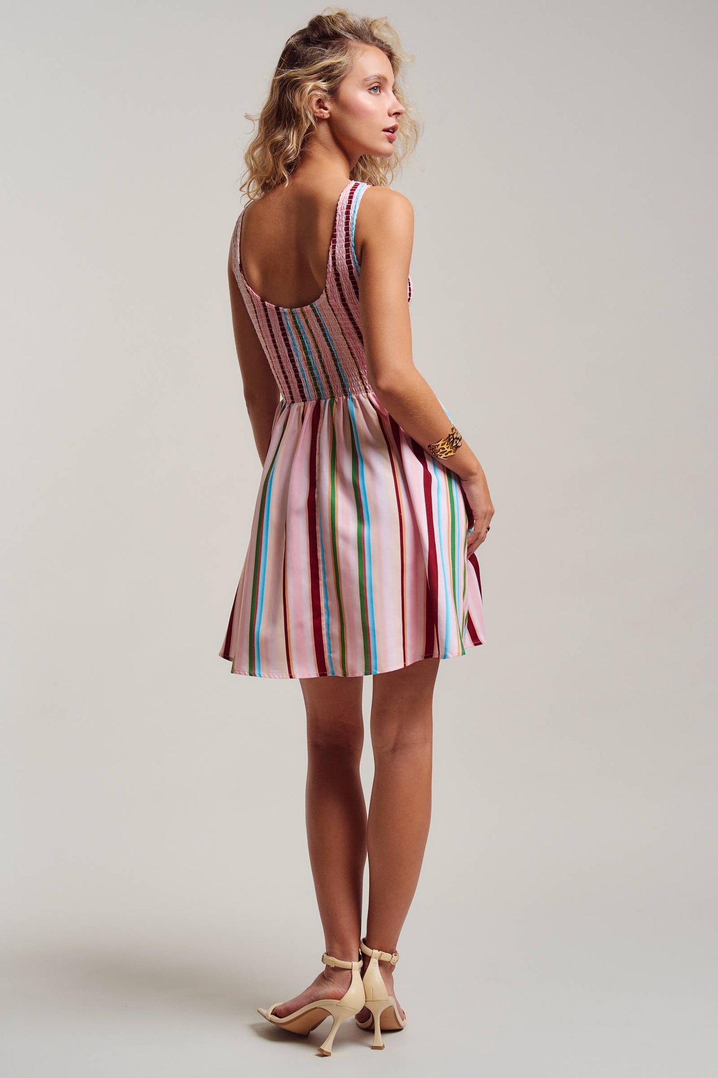 Sorbet Stripe Smocked Bodice Sleeveless Mini Dress