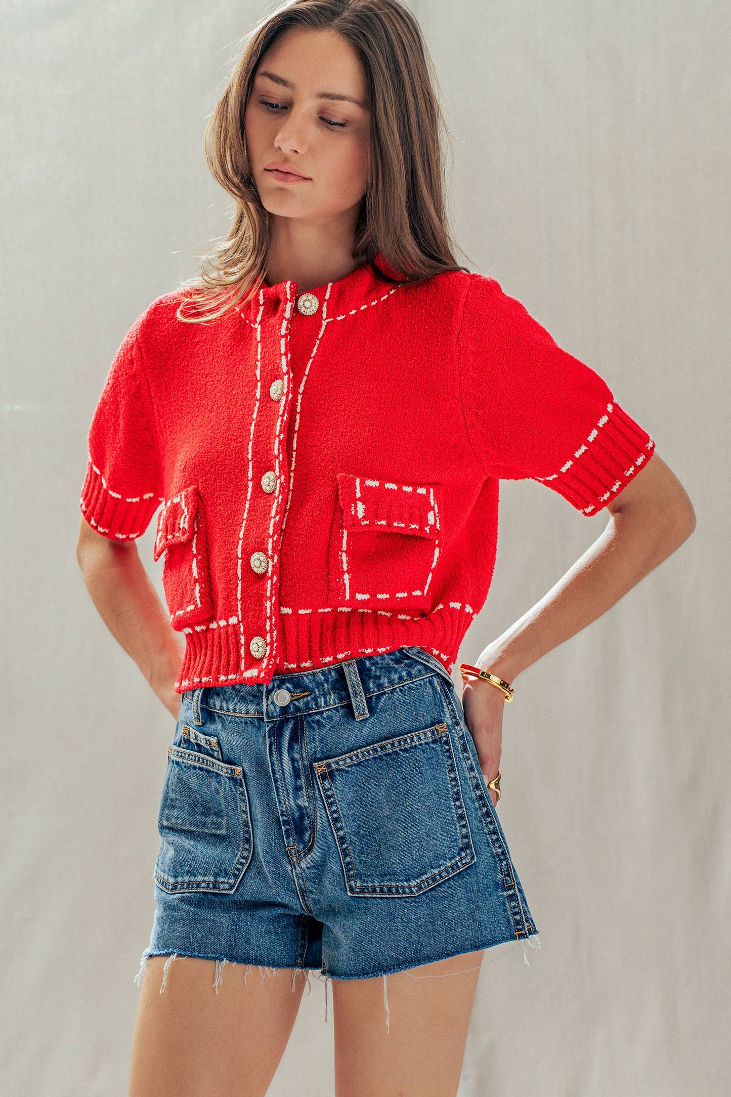 Faux Stitch Look Short Sleeve Cardigan