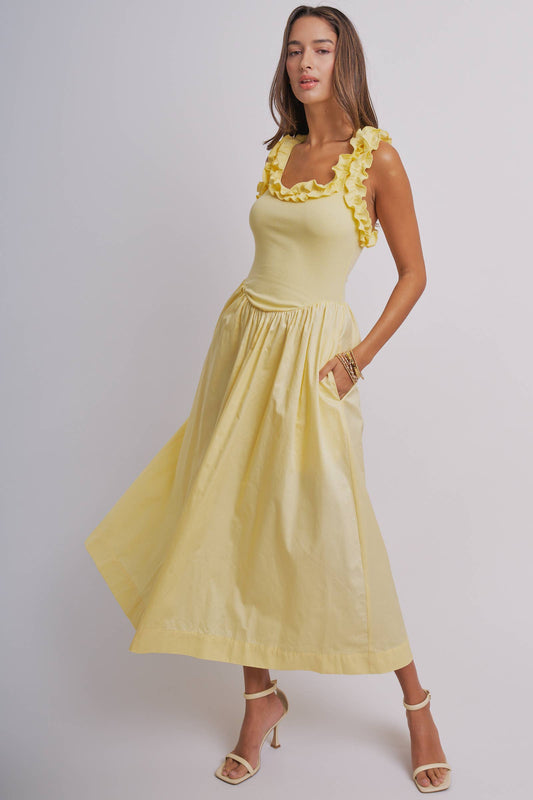 Ribbed Knit & Poplin Drop Waist Midi Dress