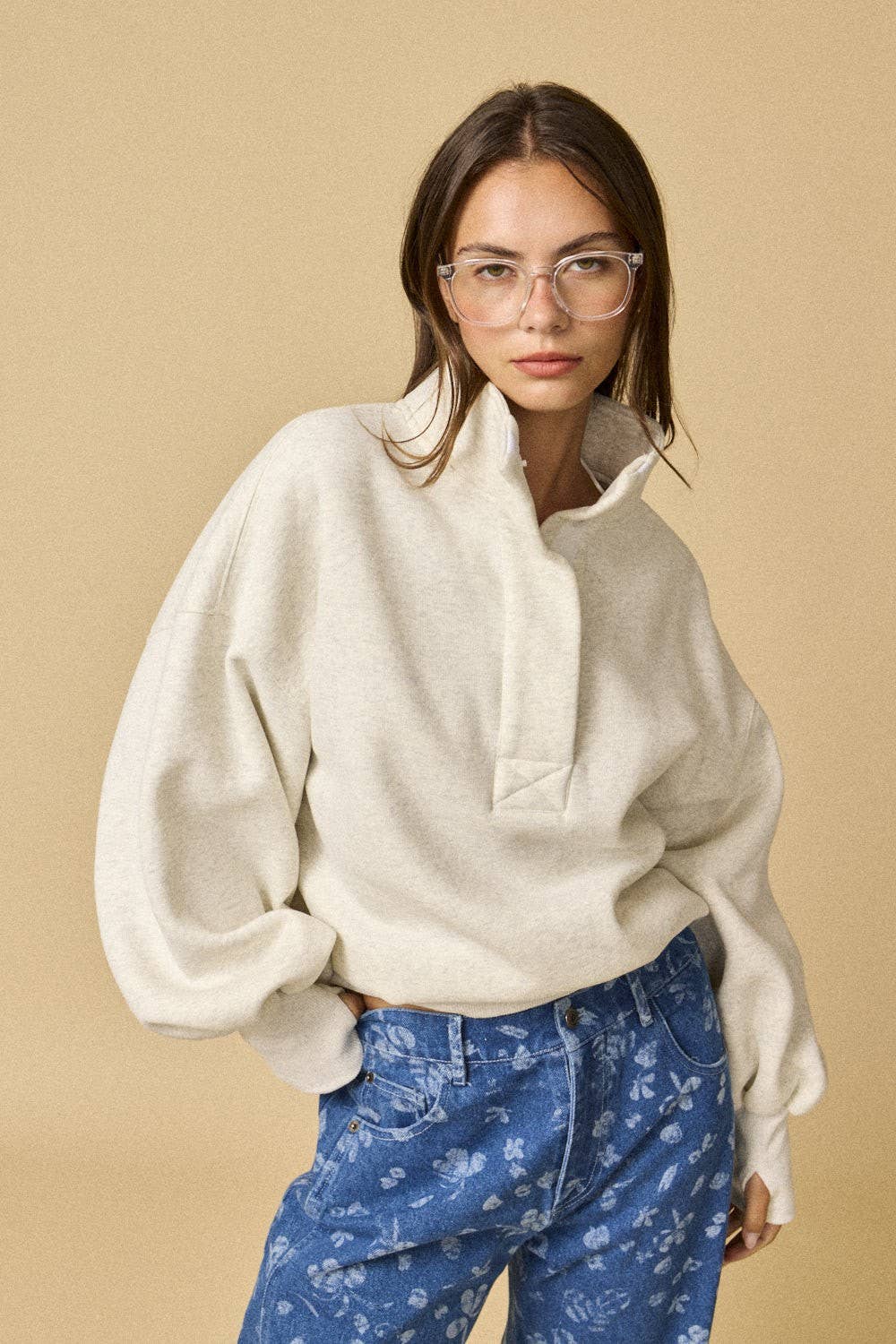 High Collar Half Button-Up Relaxed Fit Pullover