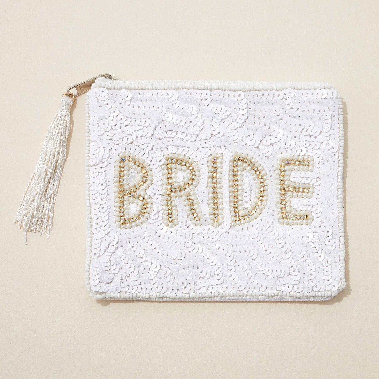 BRIDE AB Stone Seed Bead Canvas Pouch with a Tassel