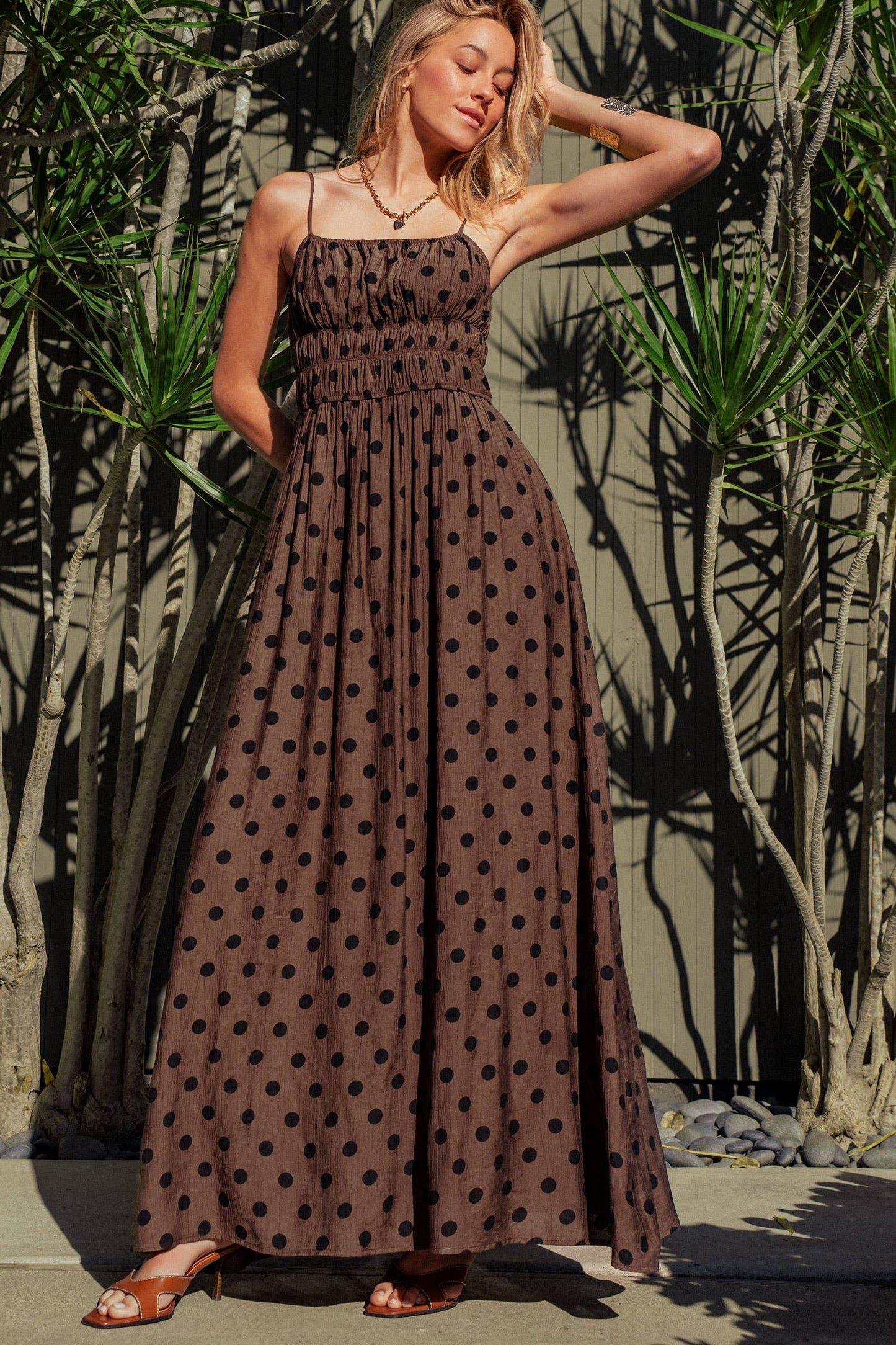 Polka Dot Smocked Maxi Dress Linen Blend