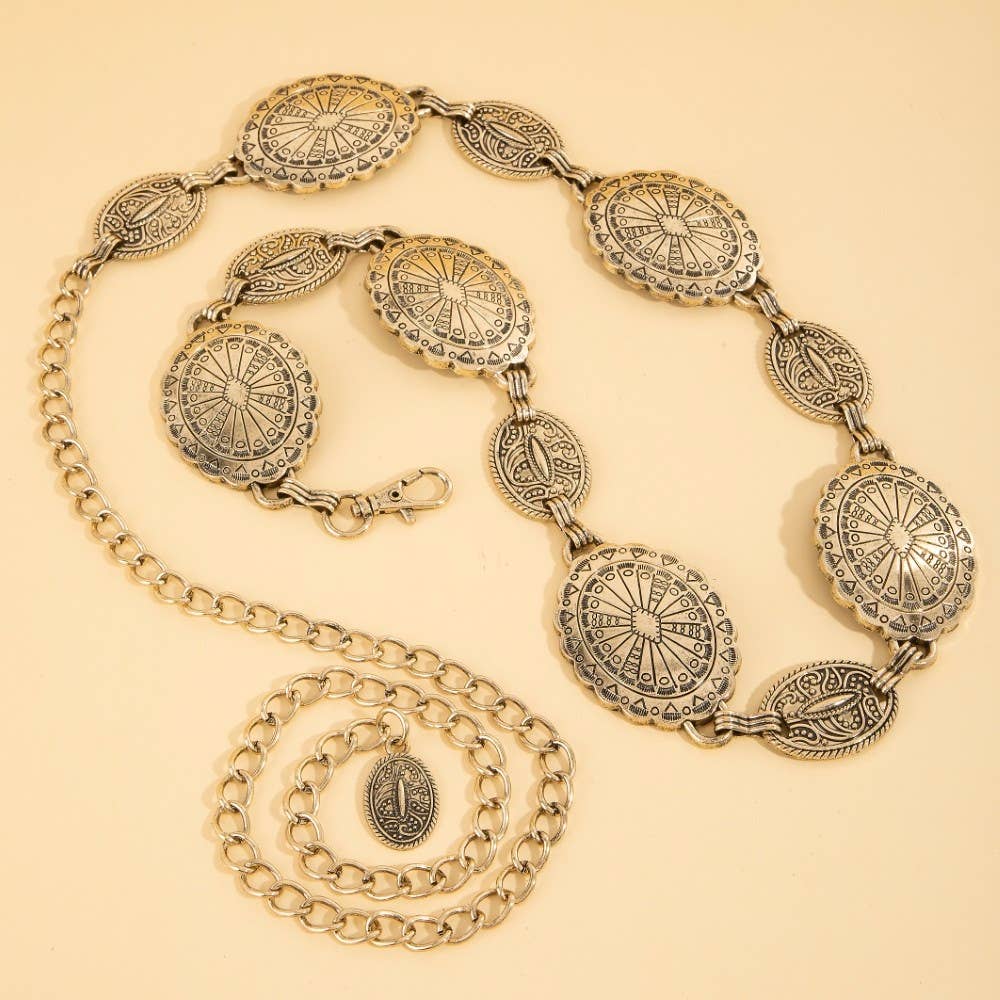 Ornate Oval Western Concho Disc Chain Belt