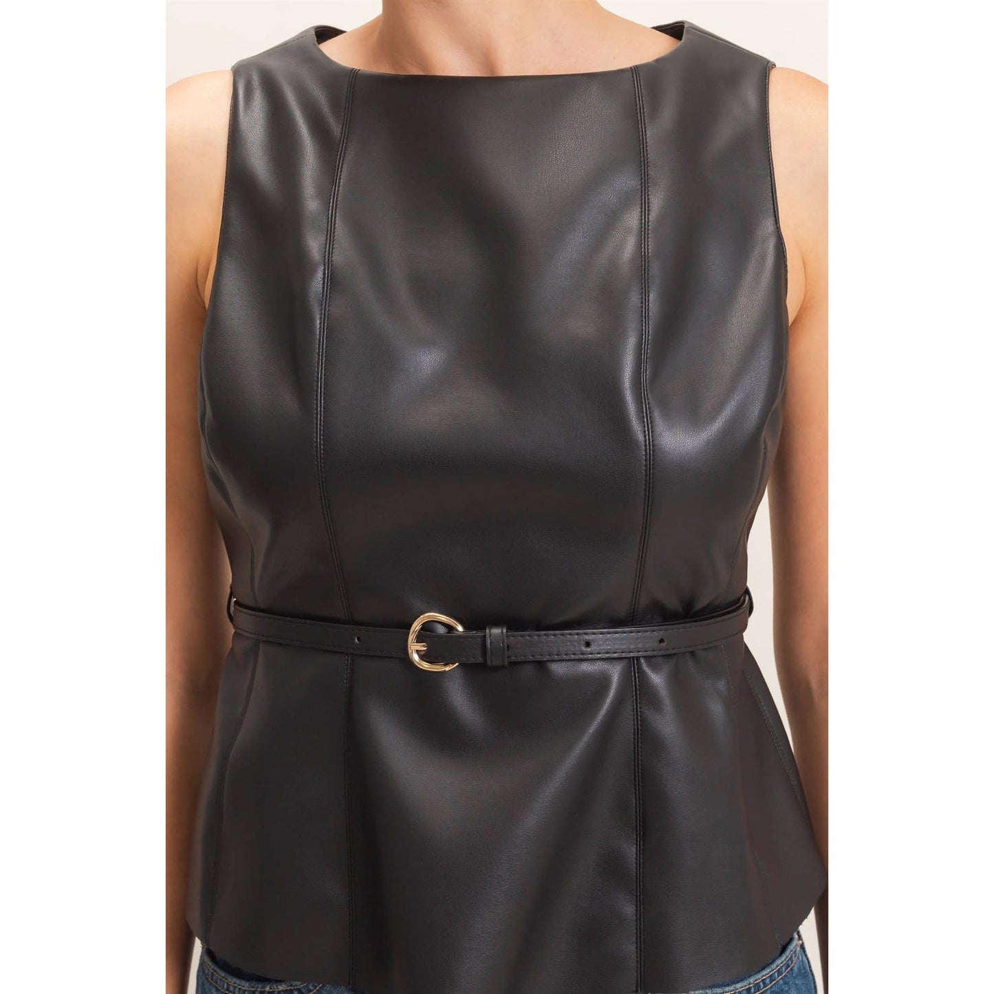 Sleek Faux Leather Belted Top