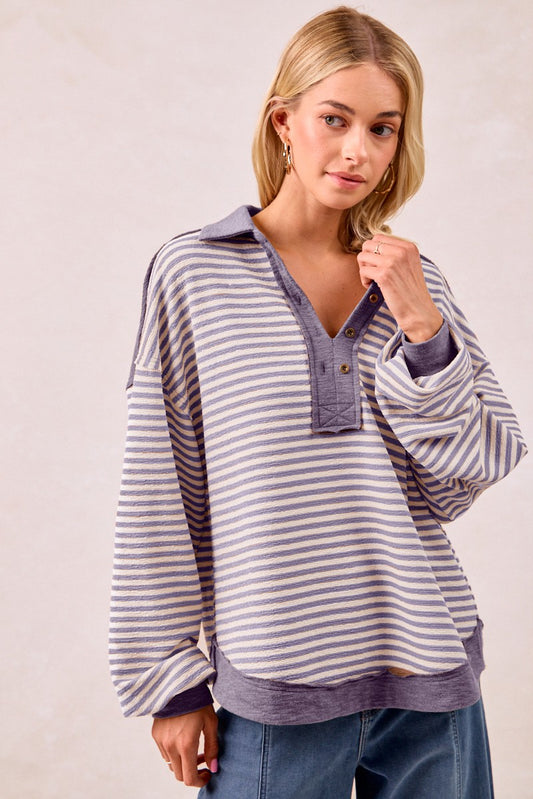 Slub Knit Striped Collared Top