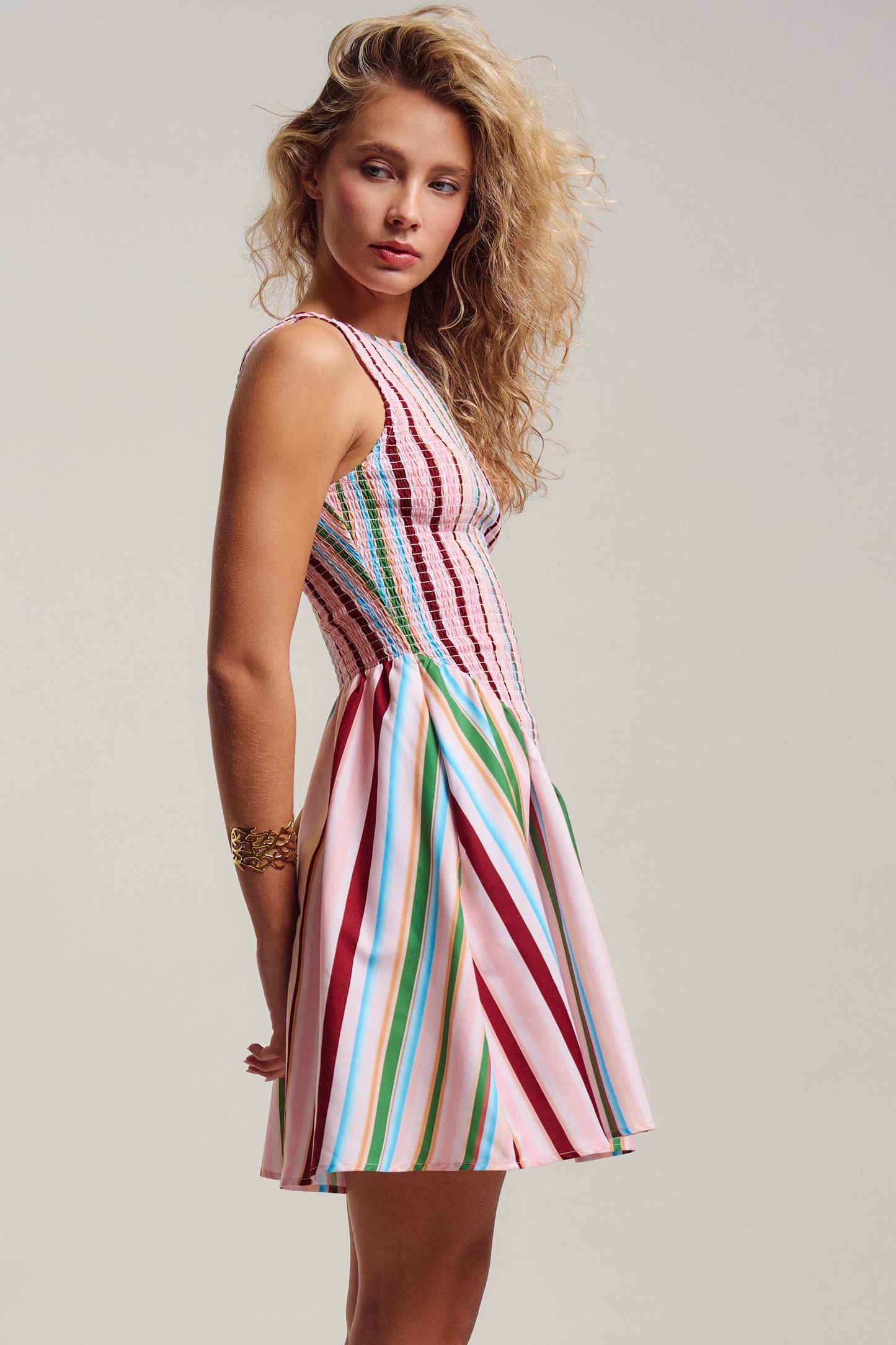 Sorbet Stripe Smocked Bodice Sleeveless Mini Dress
