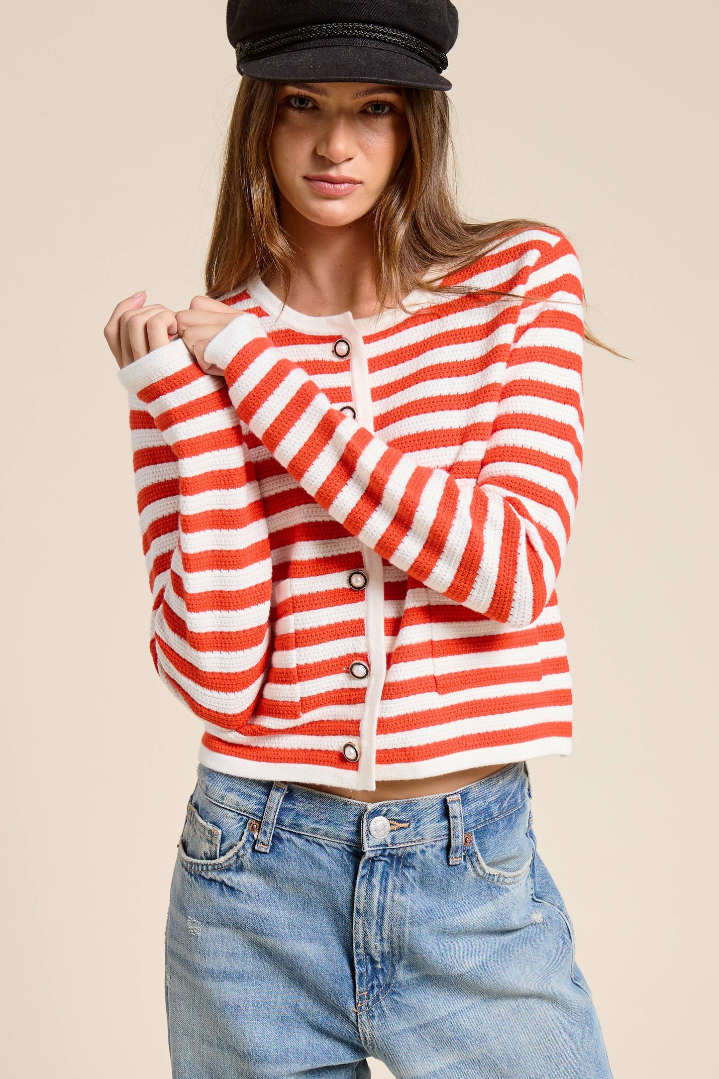 Pearl Embellishment Striped Cardigan Sweater