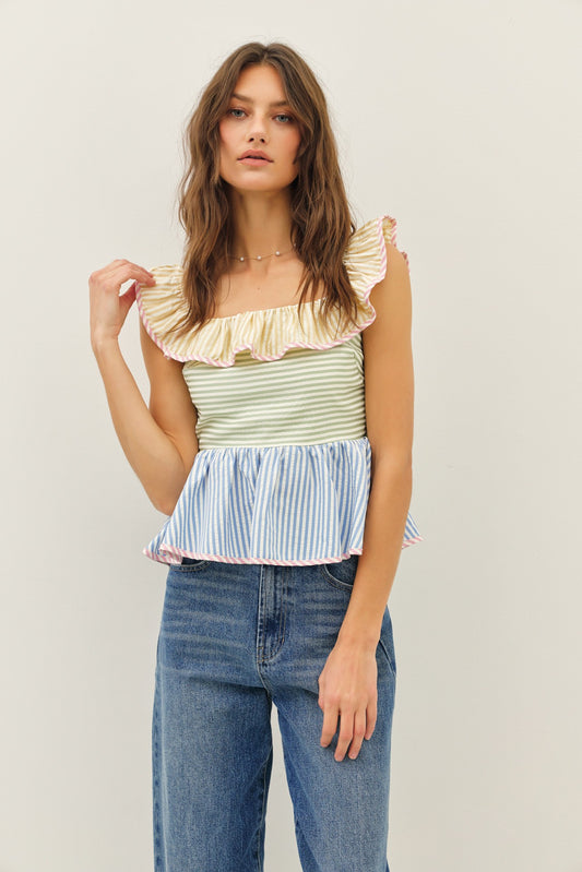Multi Stripe Ruffled Top