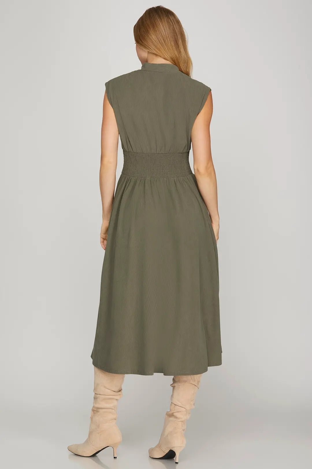 Olive Smocked Midi Dress