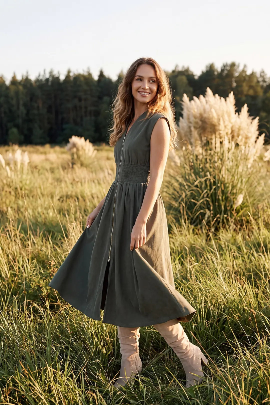 Olive Smocked Midi Dress