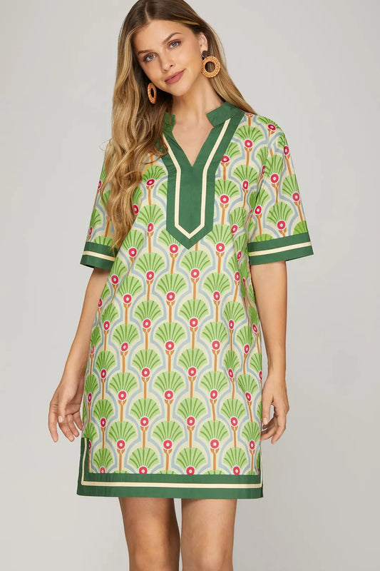 Green Leaf Pattern Dress