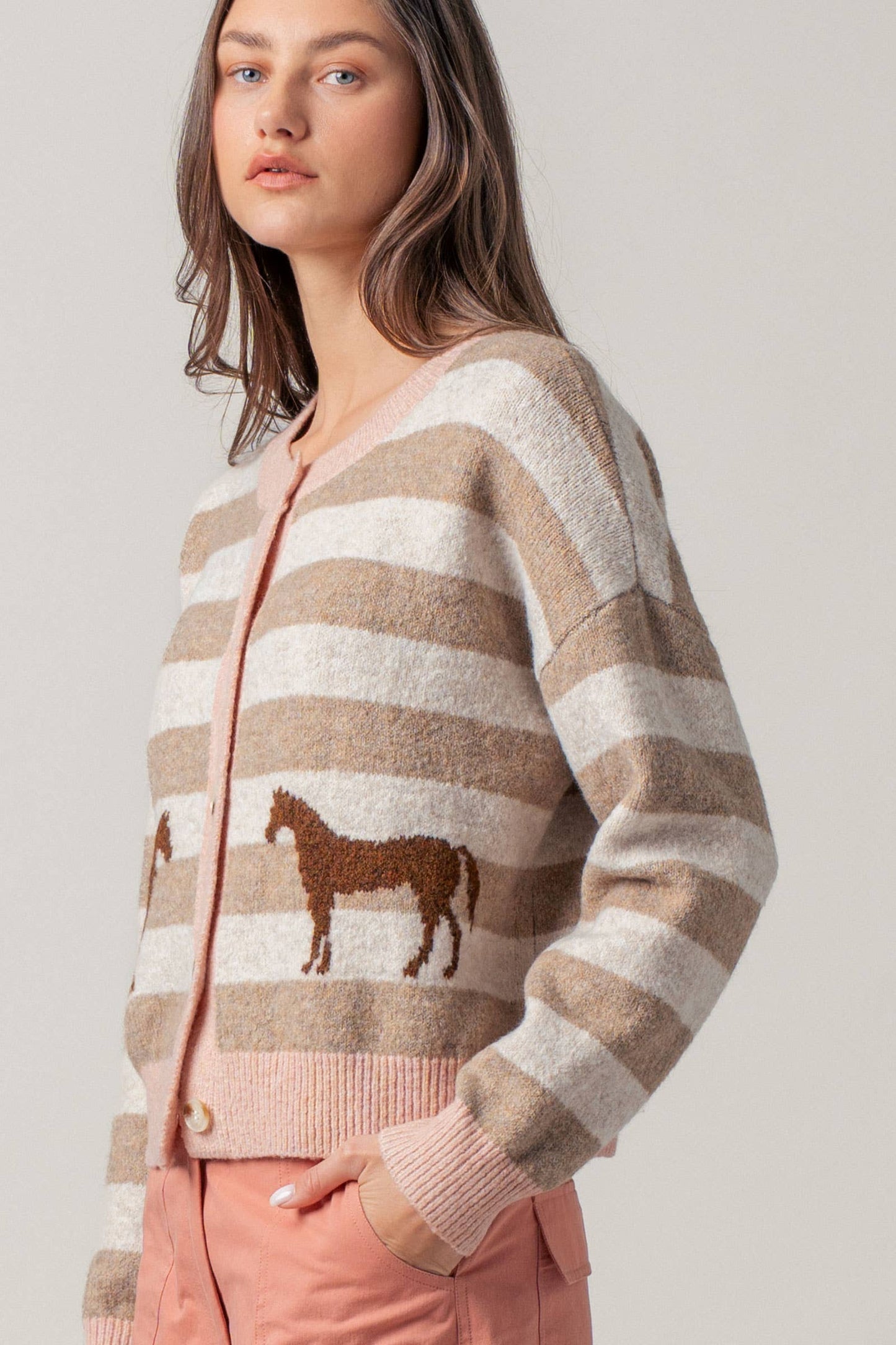 Horse Jacquard Striped Crew Neck Cardigan