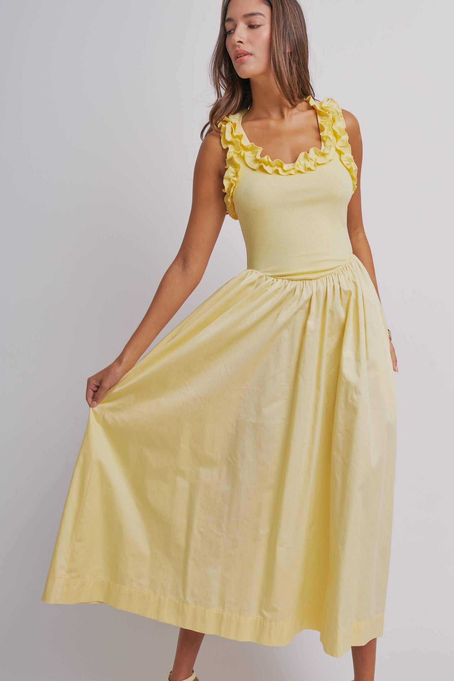 Ribbed Knit & Poplin Drop Waist Midi Dress