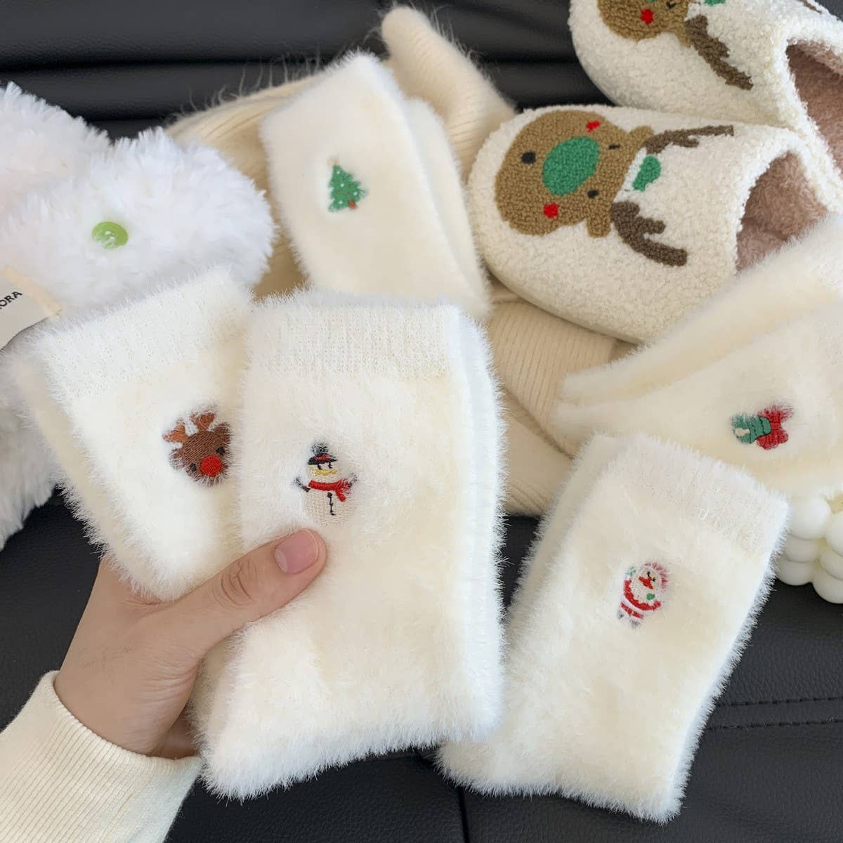 White Christmas Socks Women Fleece Warm