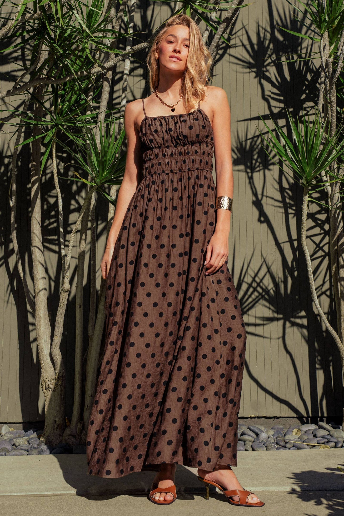 Polka Dot Smocked Maxi Dress Linen Blend