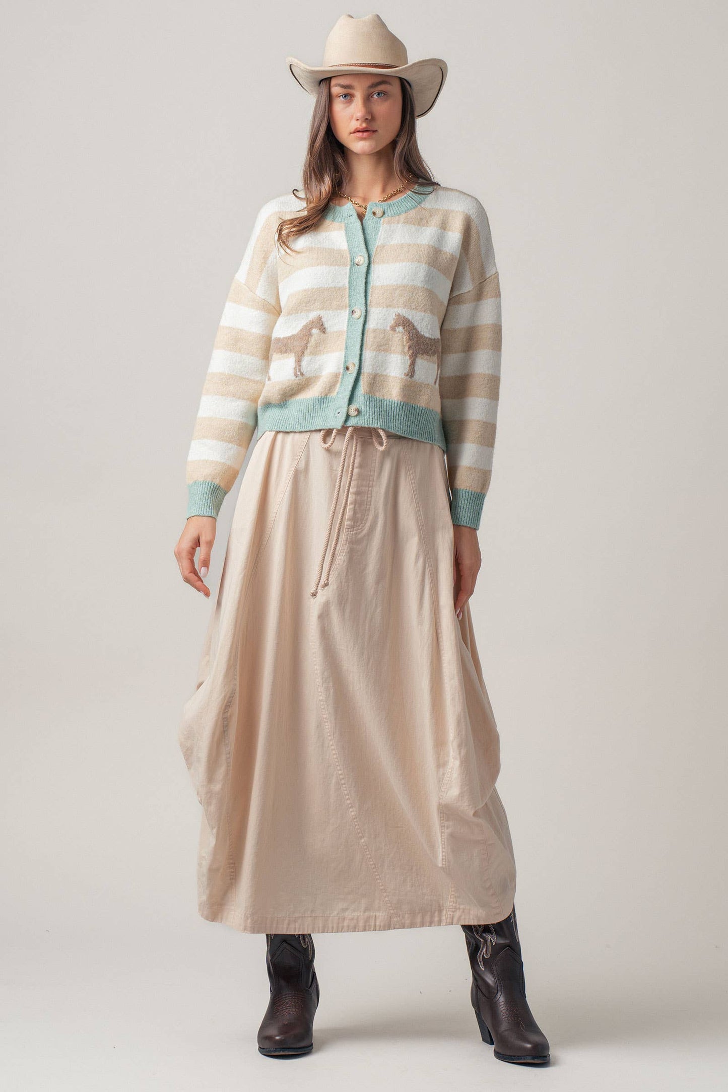 Horse Jacquard Striped Crew Neck Cardigan