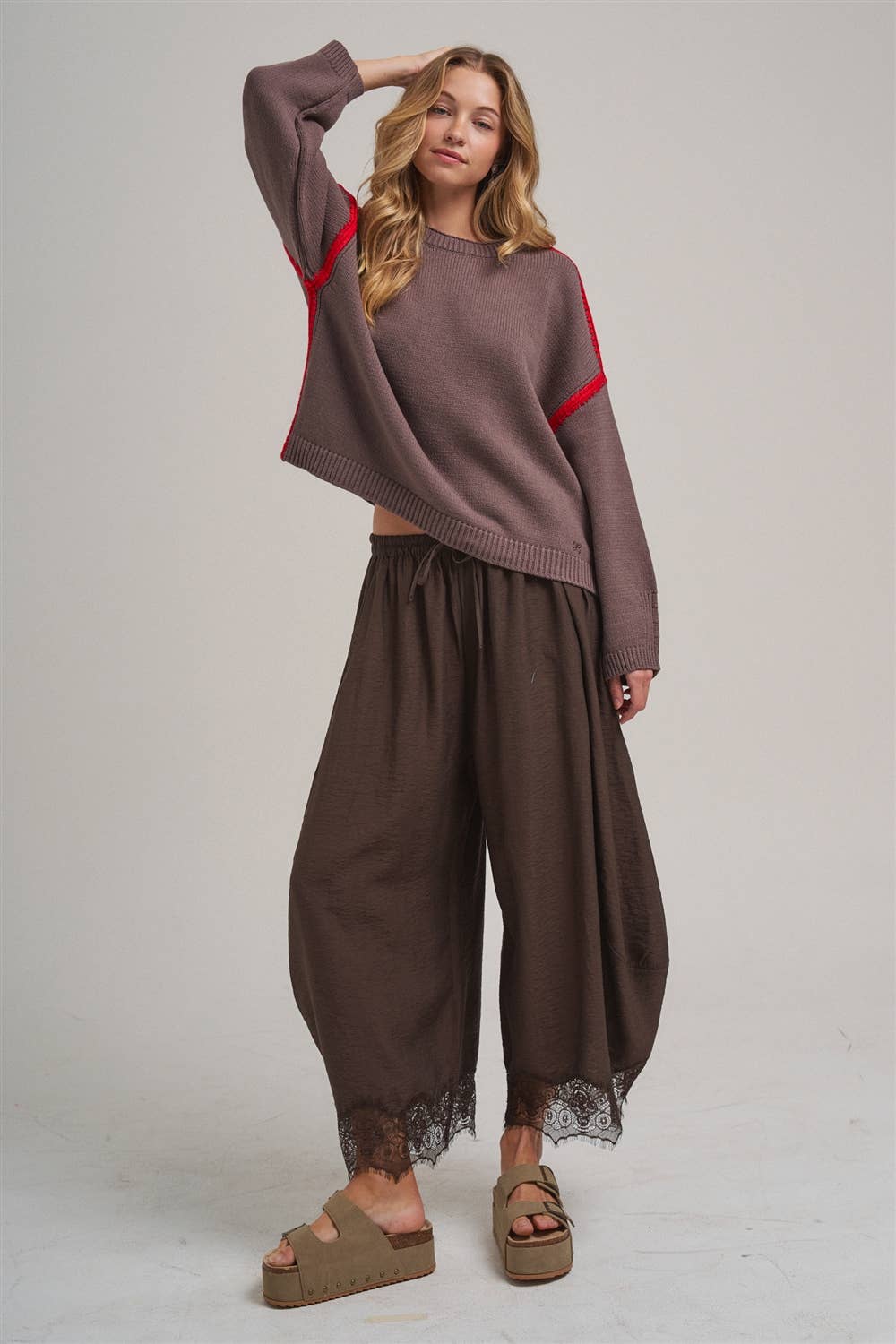 Flowy Balloon Pants with Lace Trim