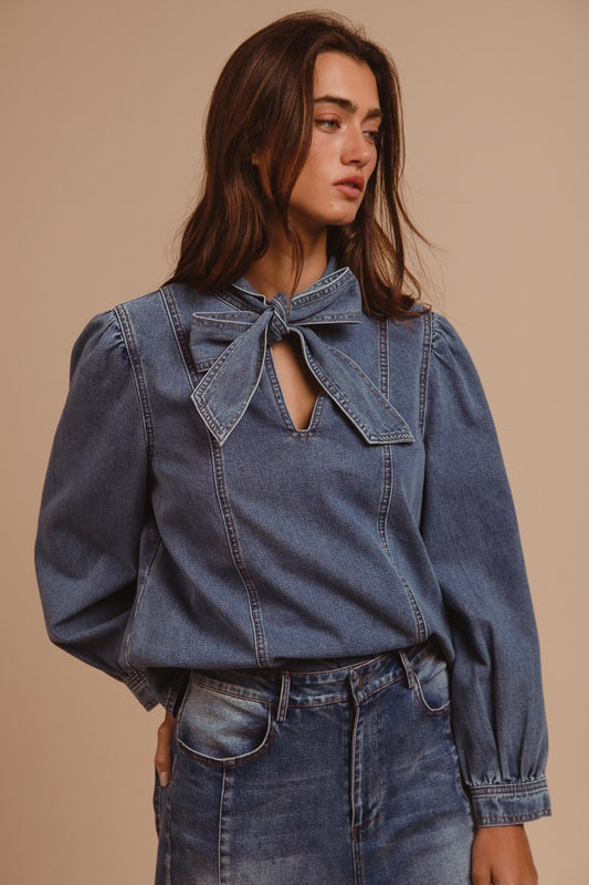 Denim Top with Neck Bow
