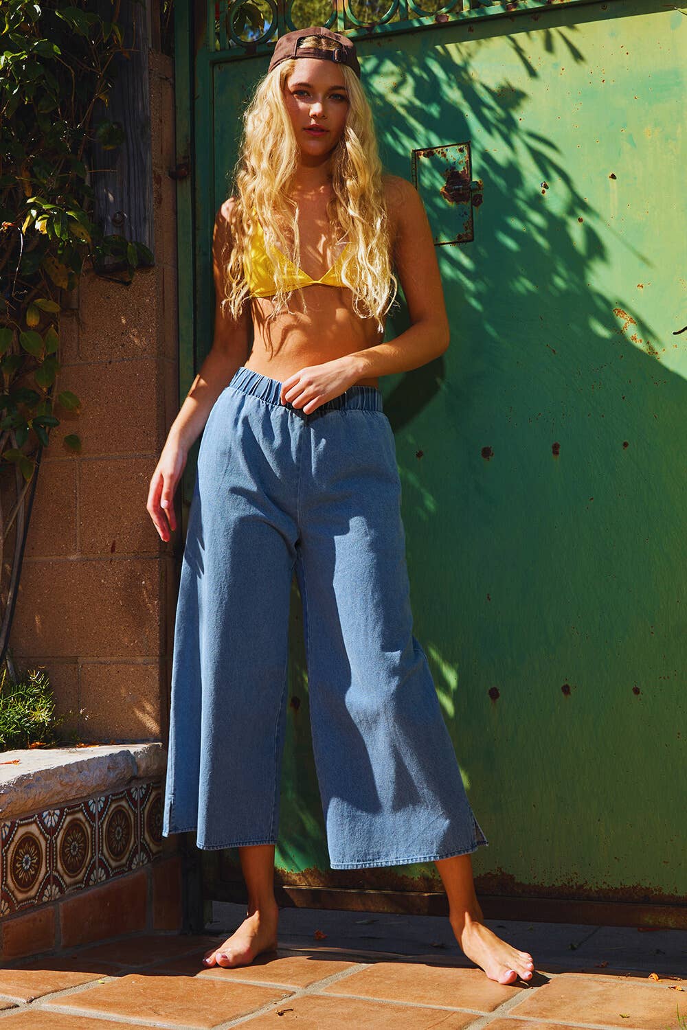 Smocked Ruffle V-neck Crop Top Denim Blouse