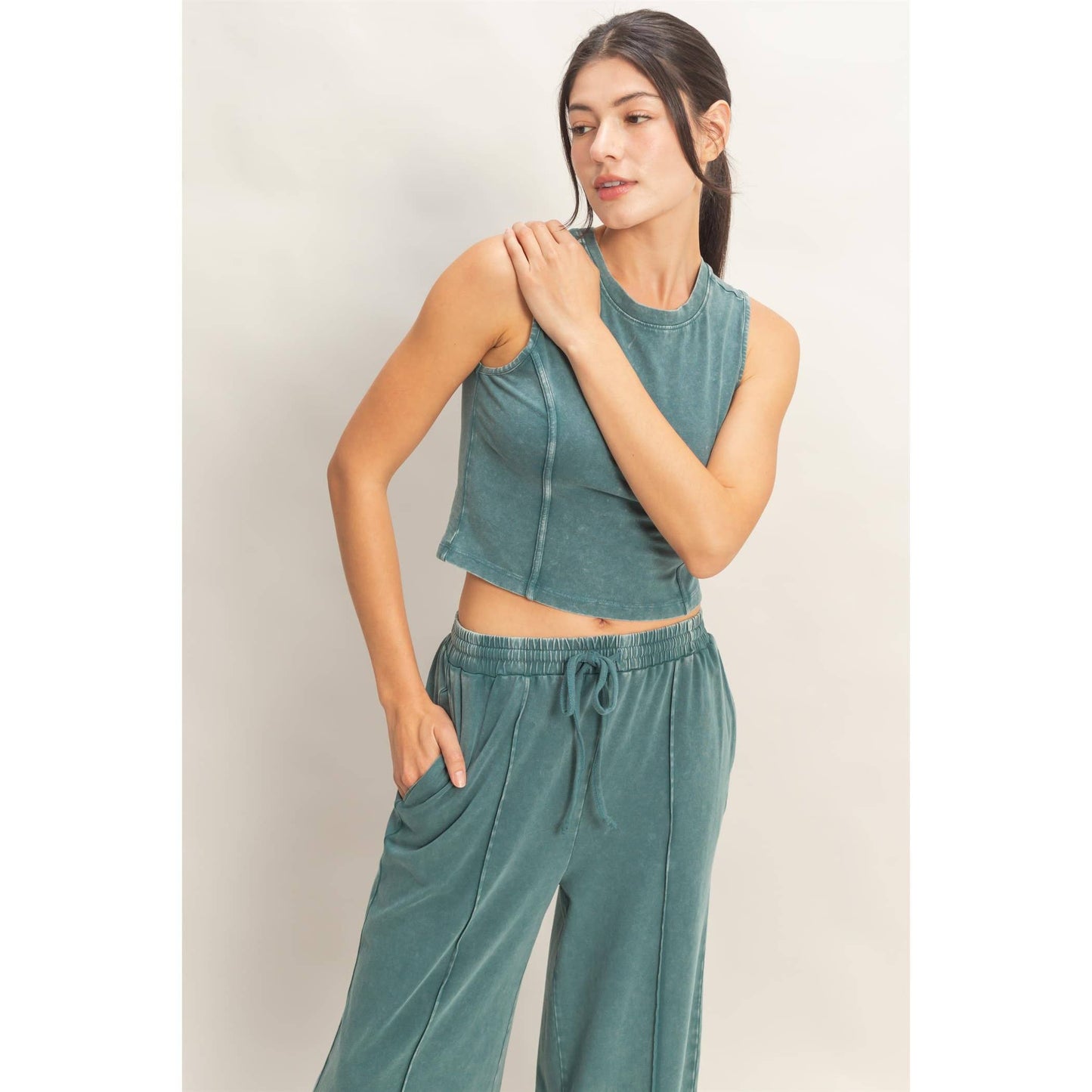 Mineral Washed Sleeveless Top & Wide Leg Pants Set: