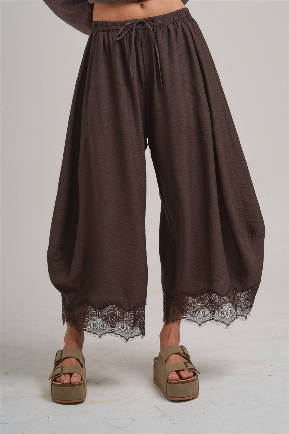 Flowy Balloon Pants with Lace Trim