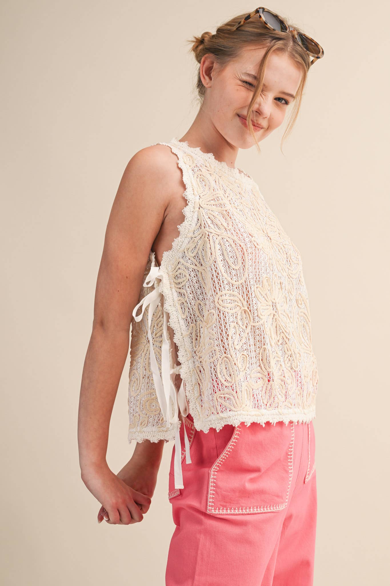 Floral Crochet Tank w/Side Tie Detail