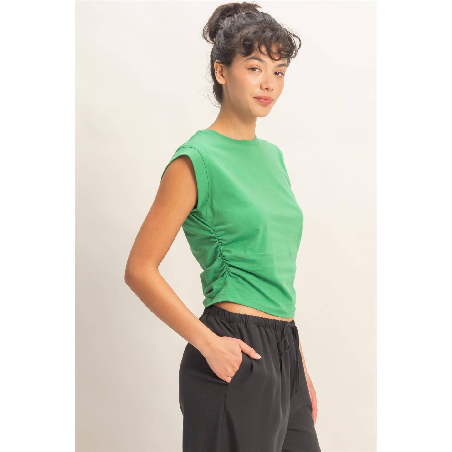 Ruched Waist Sleeveless Cotton Top