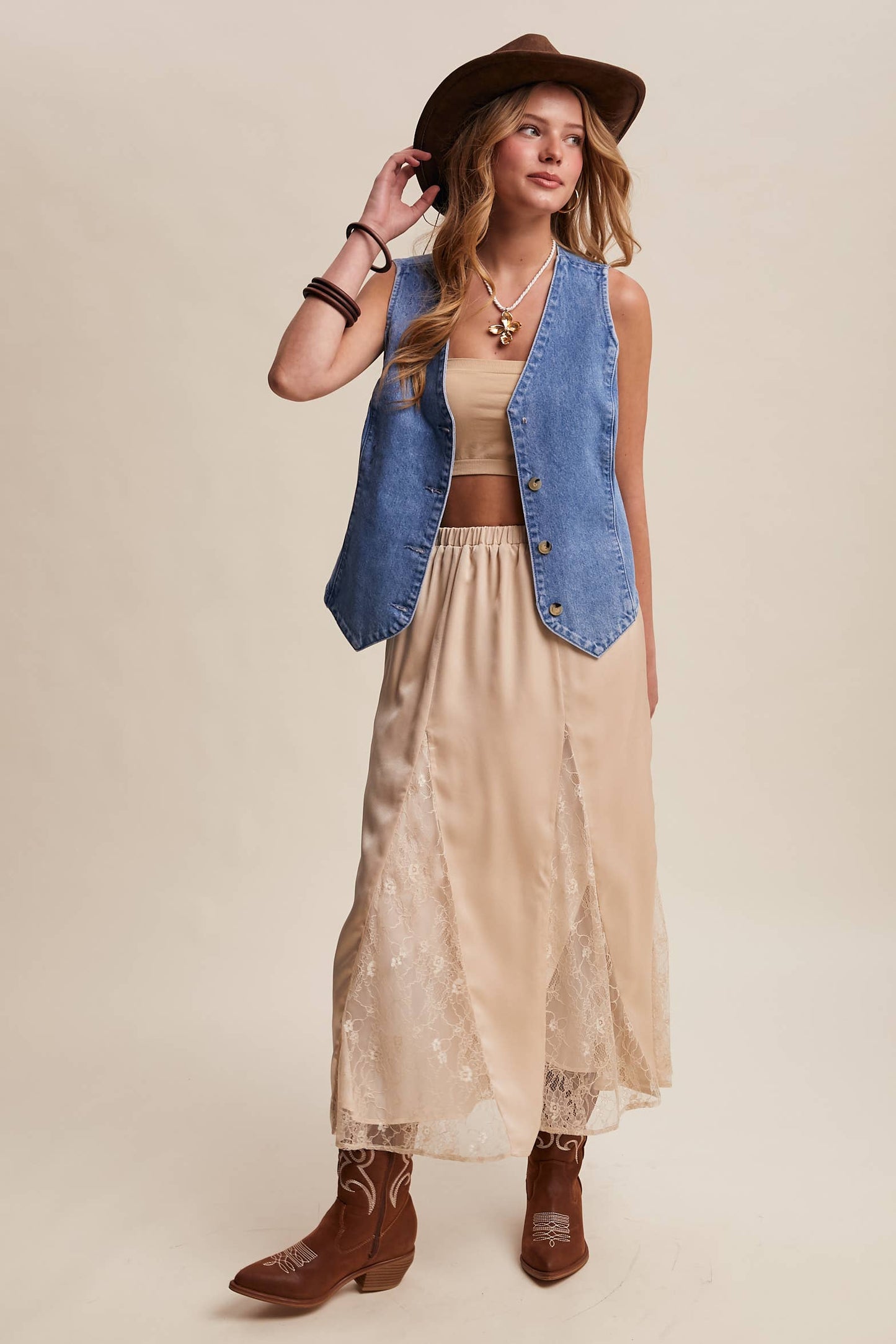 Lace Inset Satin Midi Skirt