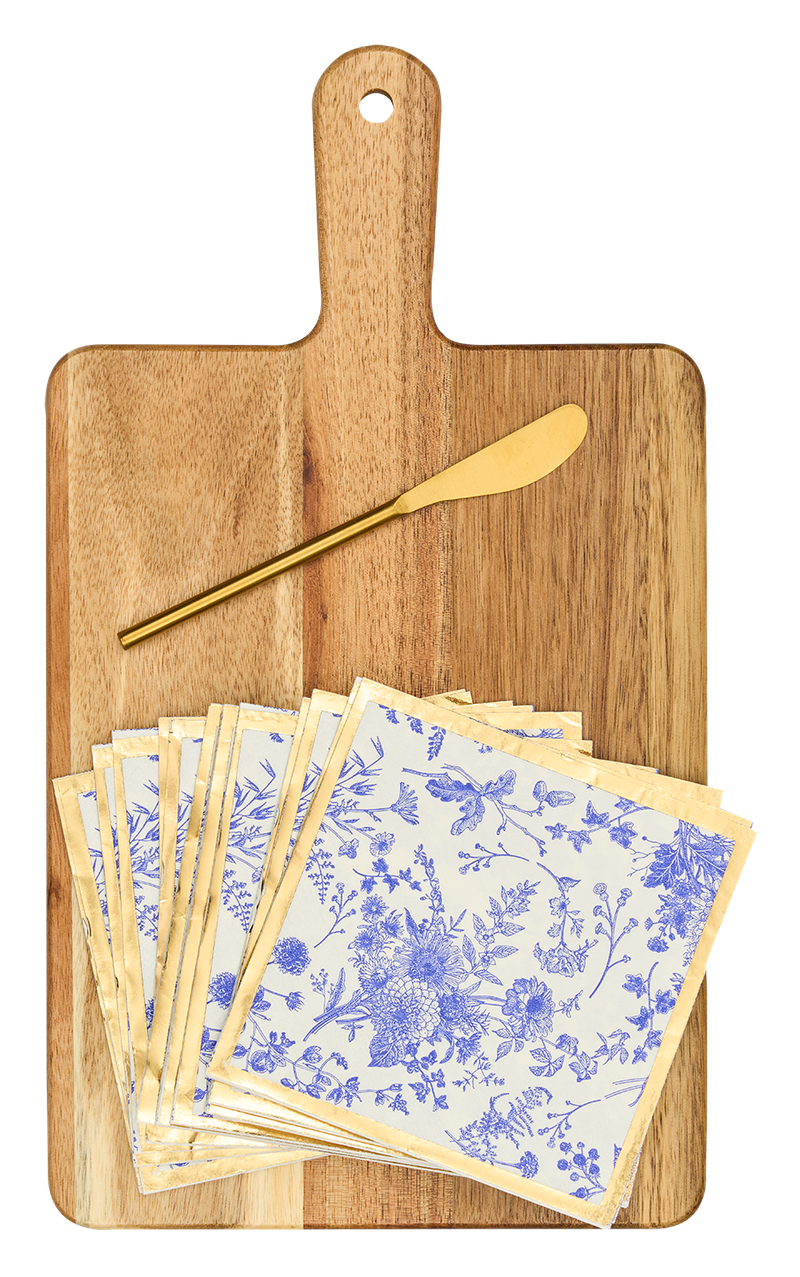 14x8" Acacia Board w/ Handle Gold Spreader, Timeless Napkin