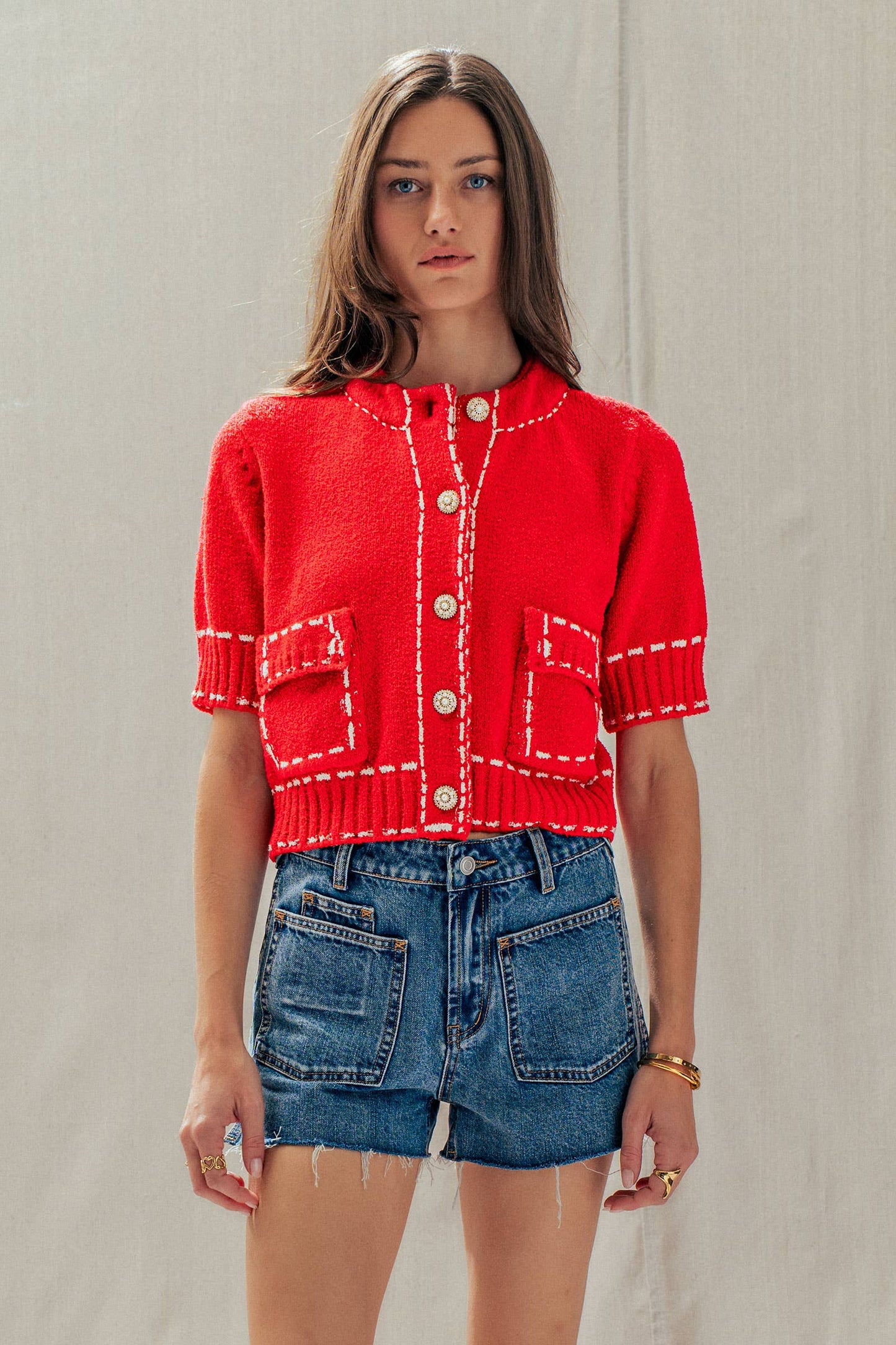 Faux Stitch Look Short Sleeve Cardigan