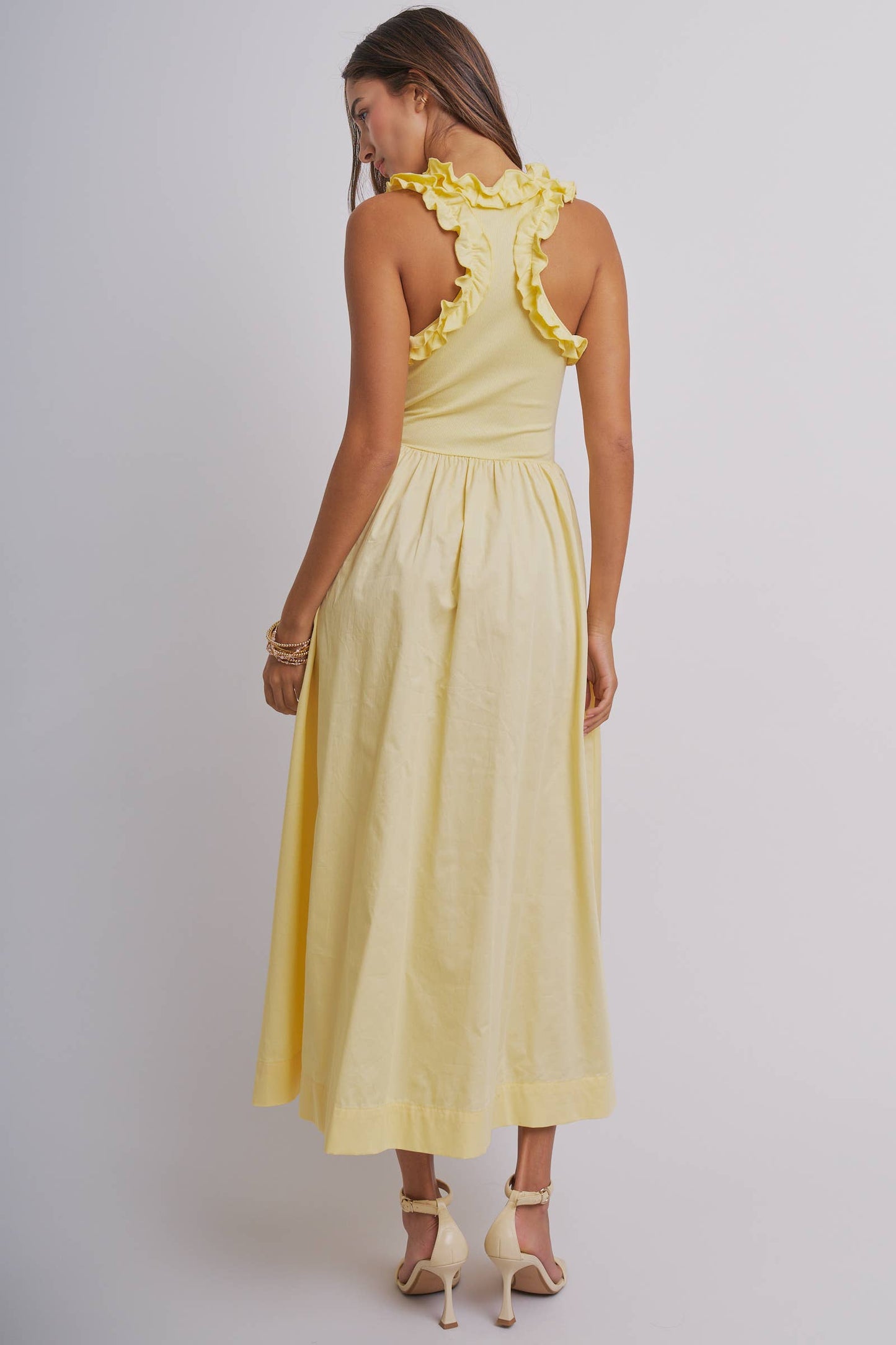 Ribbed Knit & Poplin Drop Waist Midi Dress