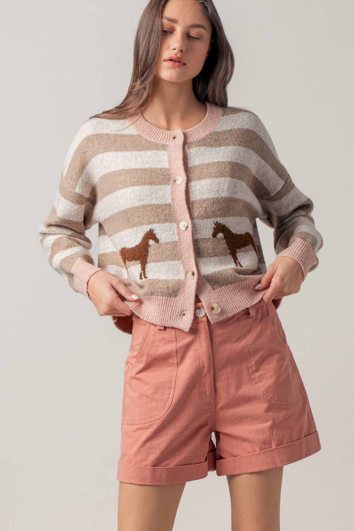 Horse Jacquard Striped Crew Neck Cardigan
