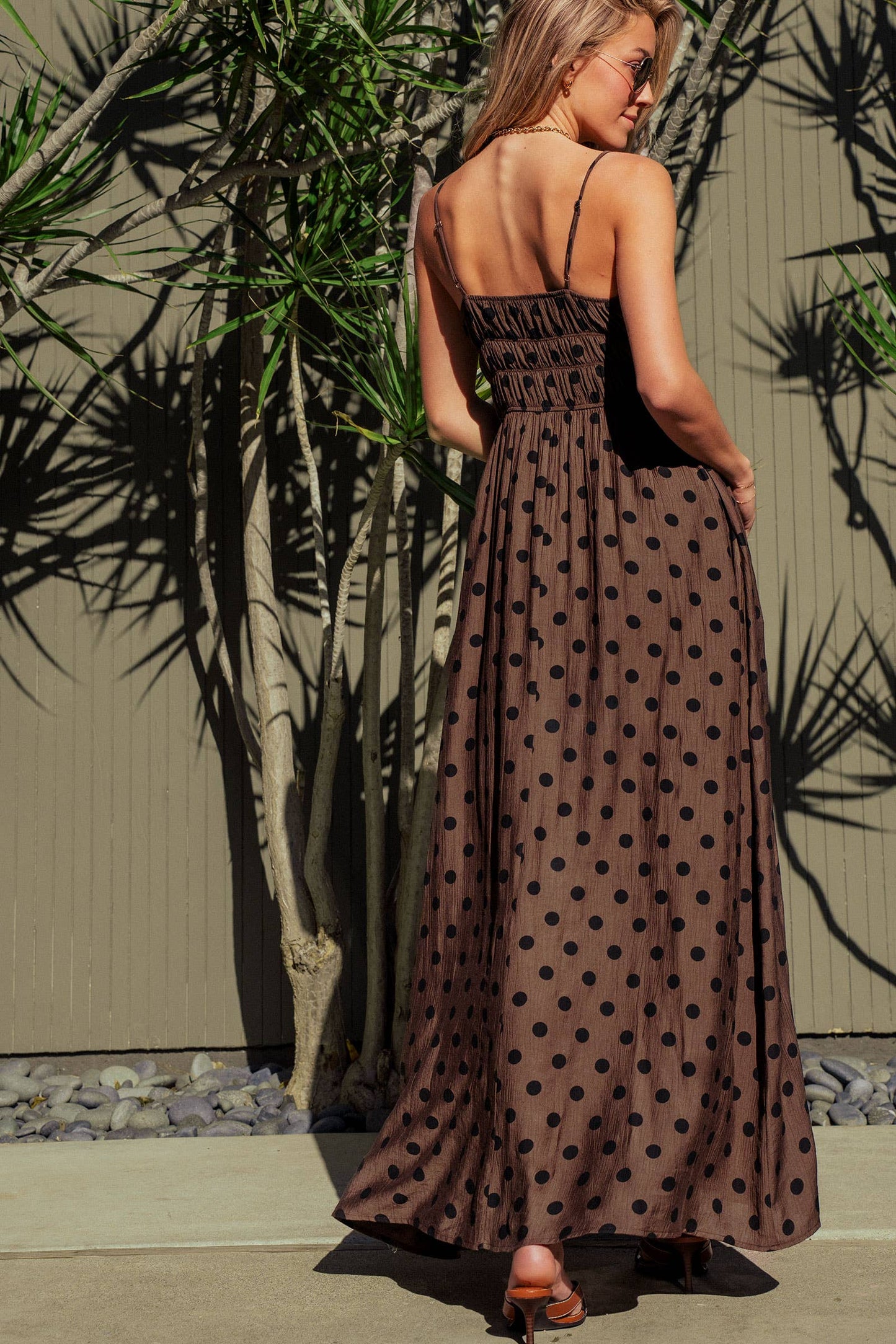 Polka Dot Smocked Maxi Dress Linen Blend