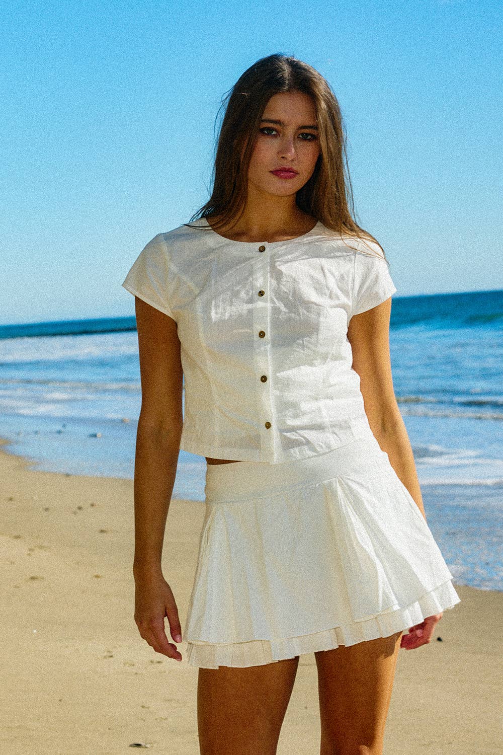 Short Sleeve Cotton Button Top & Mini Skirt Set